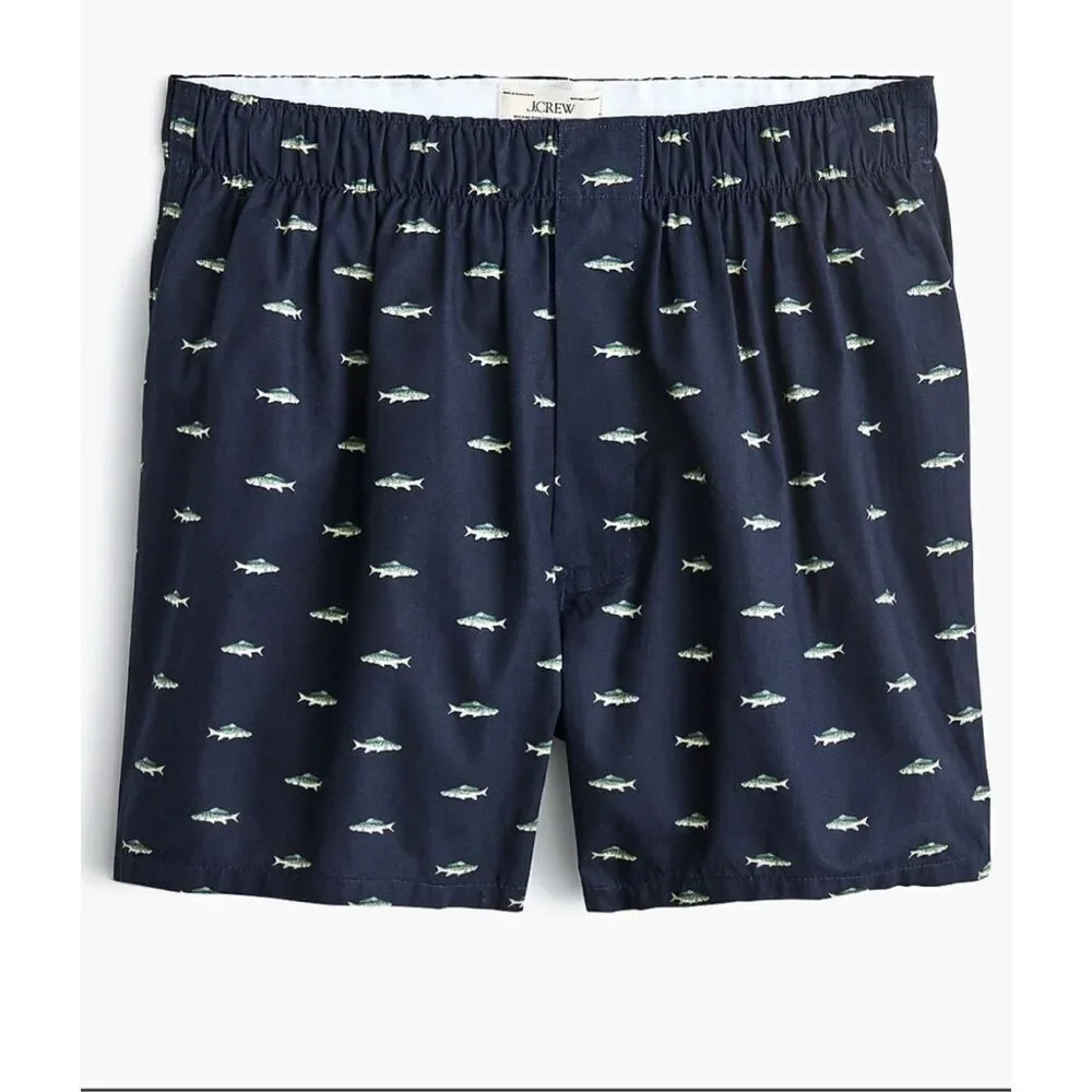 J. Crew Woven Boxer Shorts Navy Fish Print Men’s 100% Cotton, Medium (32-34) New